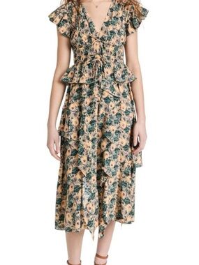 Ulla Johnson Avia Floral Ruffle Midi Dress in Peach yellow Green blue silk